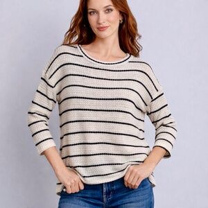 Relaxed Coastal Stripe Knit Sweater Cream Black Waffle Texture Top Size M